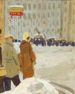 На остановке. Бум., темпера. 24x30, 1950-е