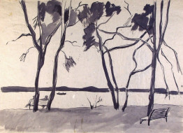 Озеро Сенеж. Бум. тон., черная акварель. 46x64, 1974