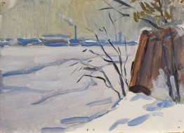 Зимний мотив. Картон, темпера. 17x13, 1950-е
