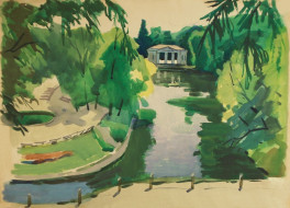 В парке. Бум., акварель, гуашь. 40x56, 1980-е