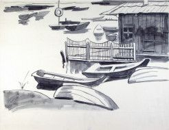 Лодочная станция. Бум., черная акварель. 47x57, 1974