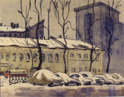 Зима на Сретенском бульваре. Бум., акварель. 38x47, 1960-е