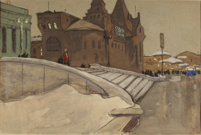 У Ярославского вокзала. Бум., темпера. 40x60, 1950-е