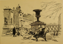 На бульваре. Бум., перо. 24x21, 1960-е
